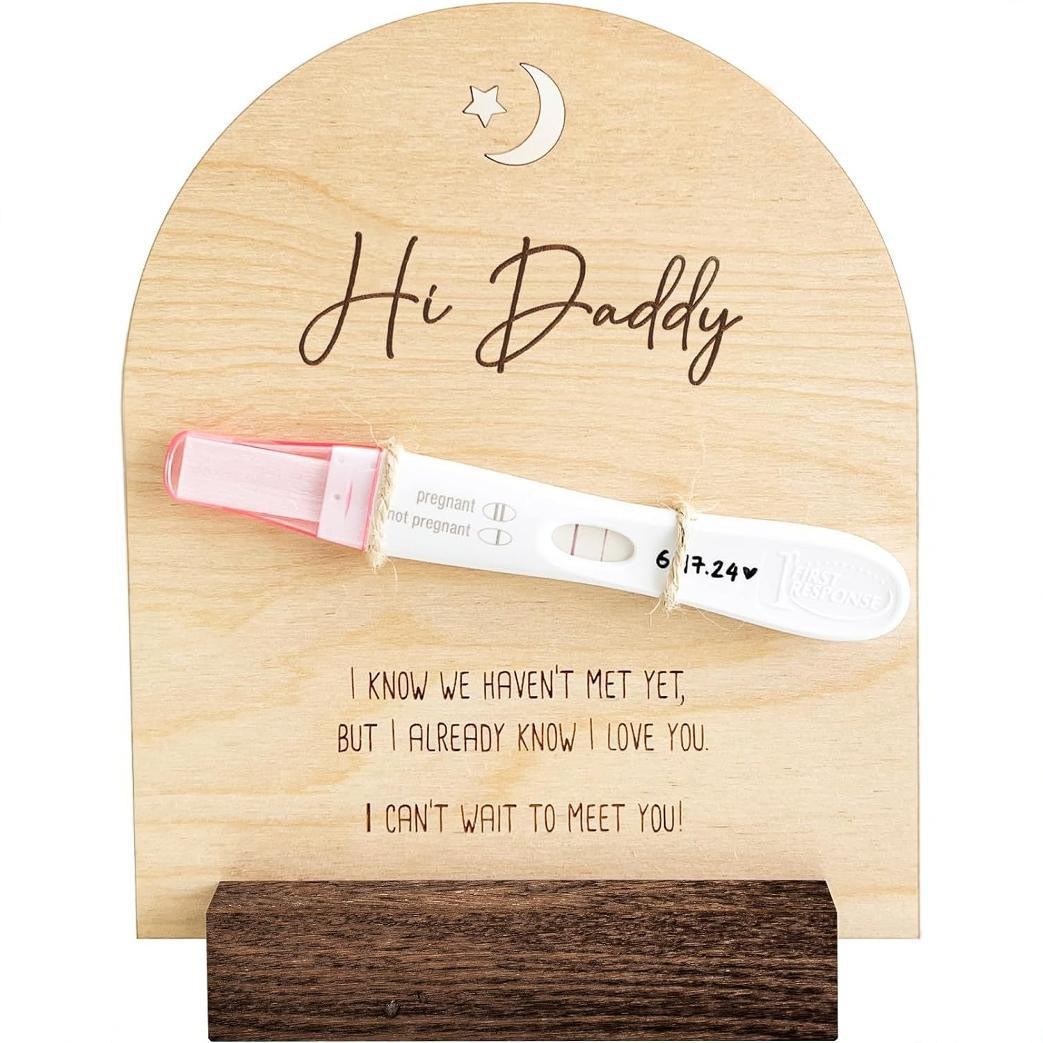 Hi Daddy Pregnancy Reveal Wooden Sign, Pregnancy Test Keepsake Plaque With Holder