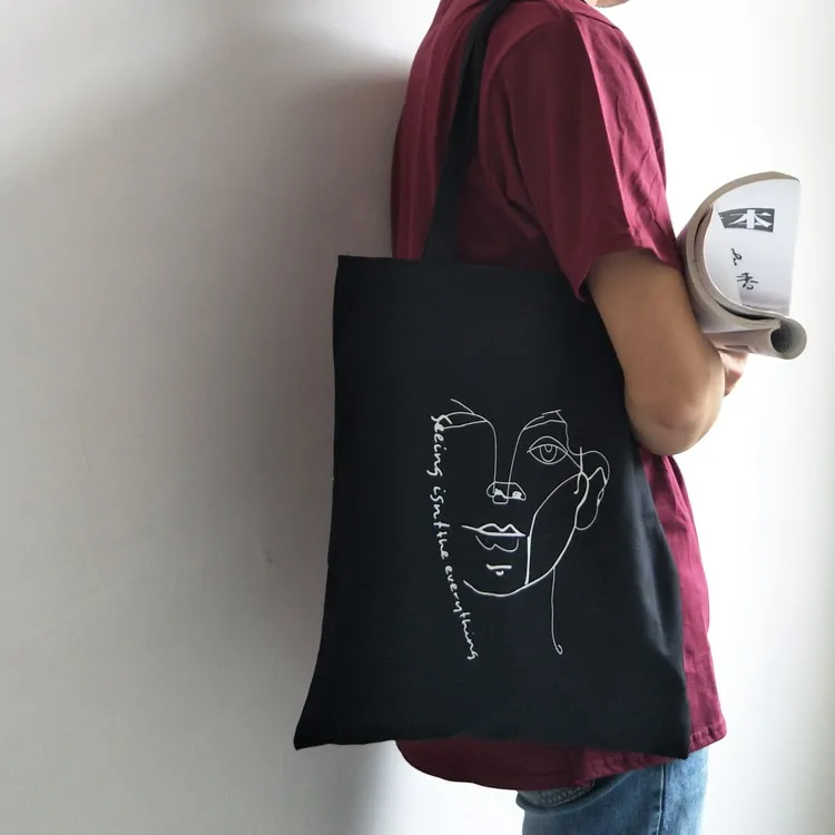 Fashionable And Simple Printed Cotton Eco-friendly Bag - Black