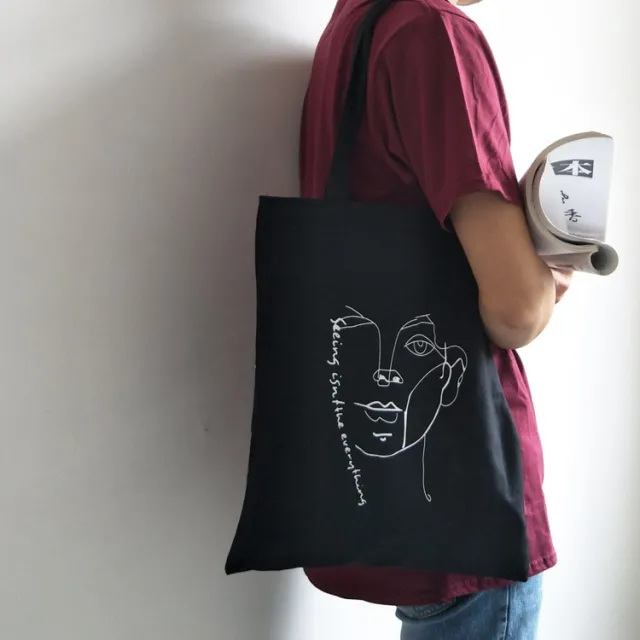 Fashionable And Simple Printed Cotton Eco friendly Bag Black - Shop at LoveMi