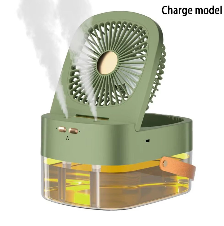 Green White USB Fan 3 Speed Rechargeable & Plug-in Foldable Fan With Humidification Spray Night Light Remote Control Timer