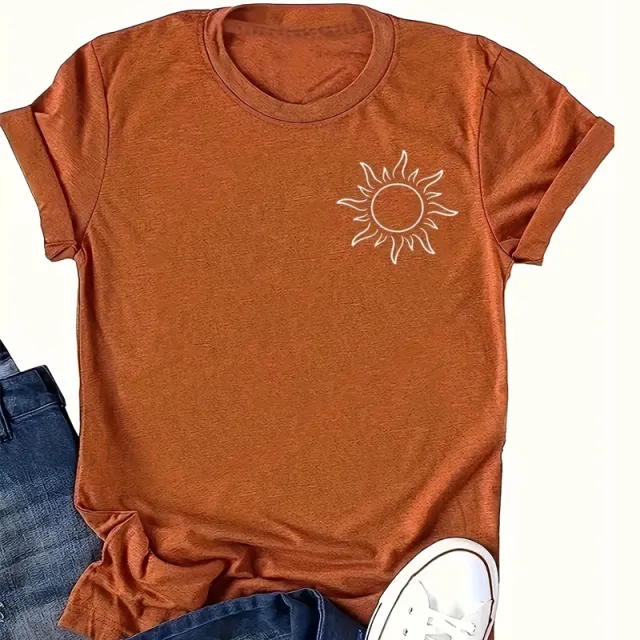 Women's Sun Print Crew Neck T Shirt, Casual Short Sleeve Top For Spring & Summer Orange - Shop at LoveMi