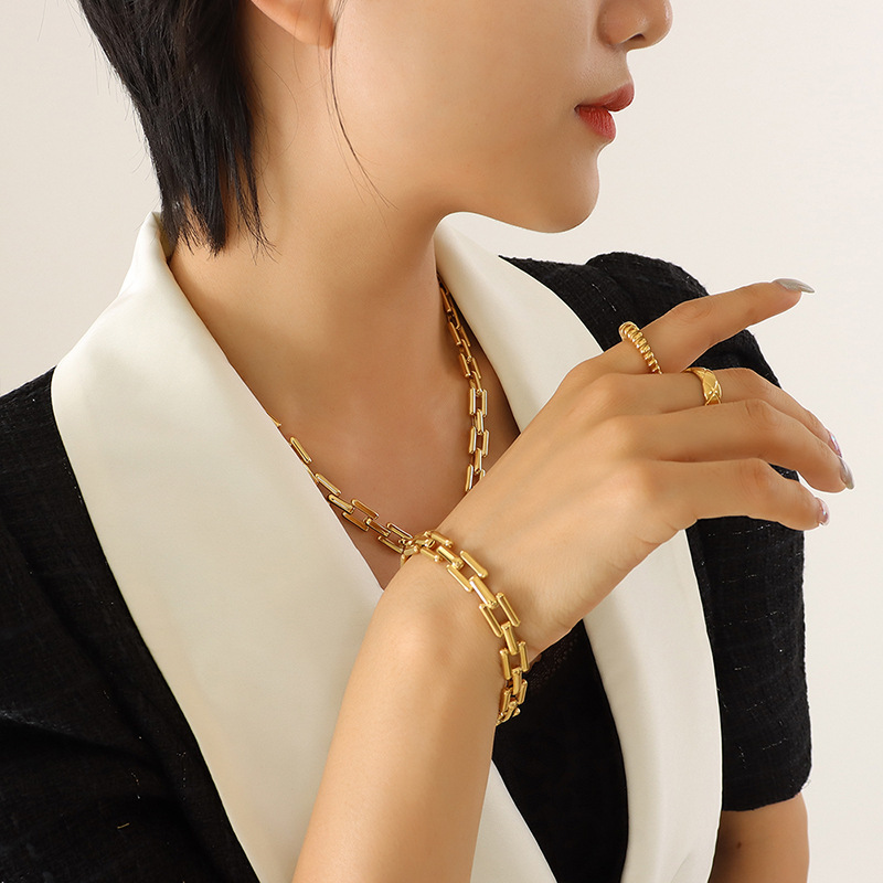 Metal Thick Chain Ring Buckle Necklace Bracelet Titanium Steel Ornament Set