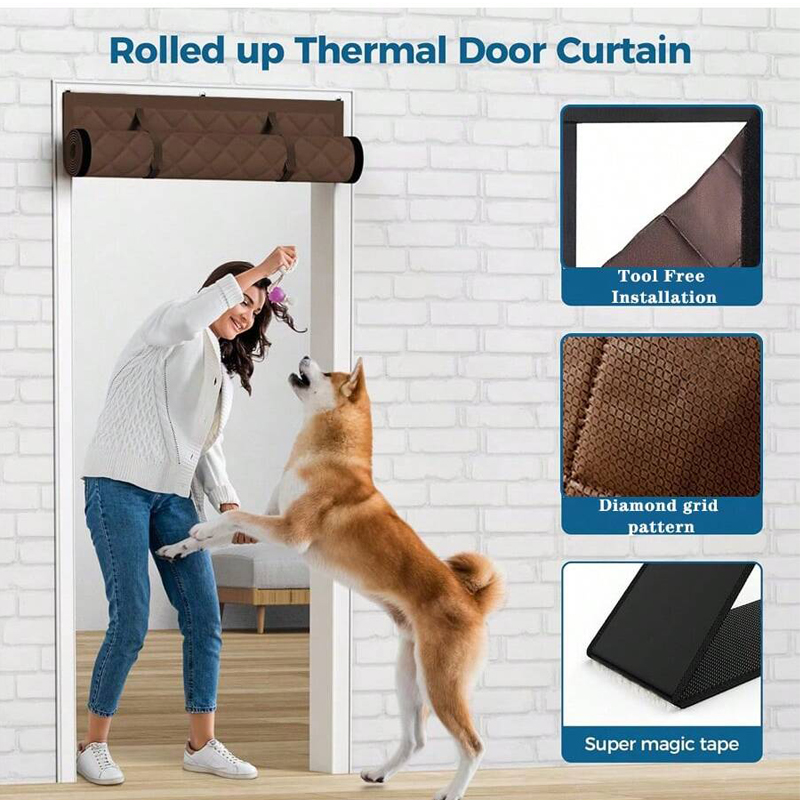 Magnetic Thermal Insulated Door Curtain, Diamond Grid Thick Cotton, Windproof Soundproof Drape, Roll Up Design, Winter Cold Protection
