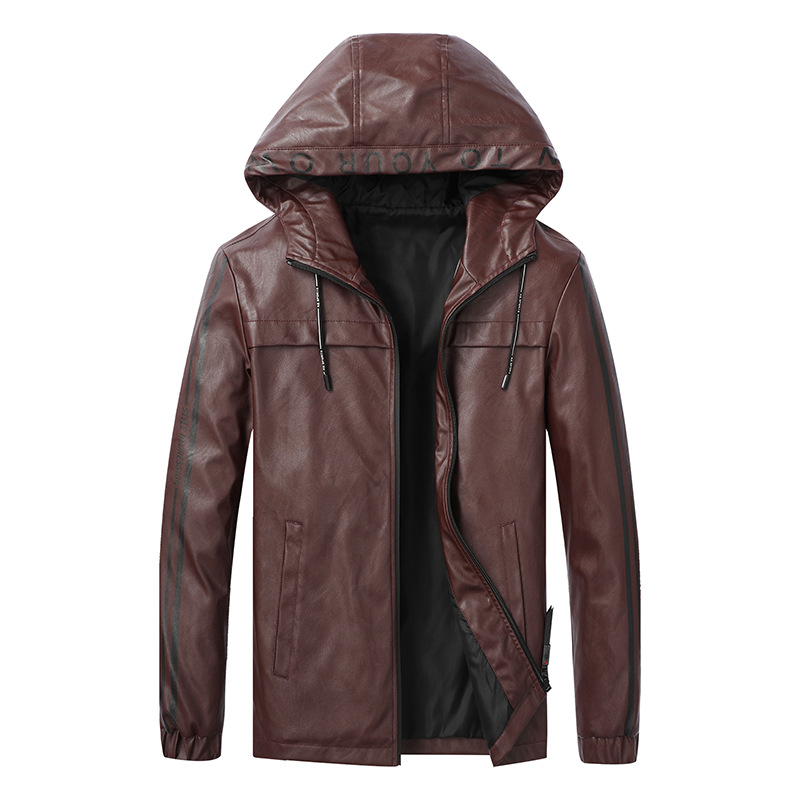 Stand-up Collar Side Slit Pockets Straight Hem Leather Hooded