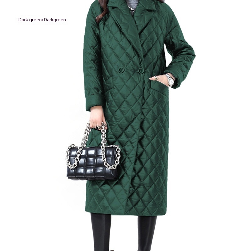 Women's Long Thin Coat Lapel Cotton padded Coat Dark Green - Shop at LoveMi