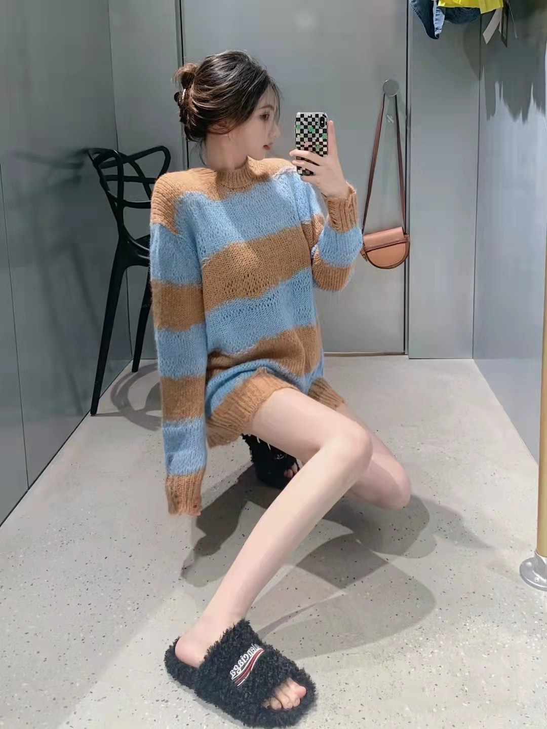 Women's New Mohair Ripped Striped Thin Crew Neck Sweater