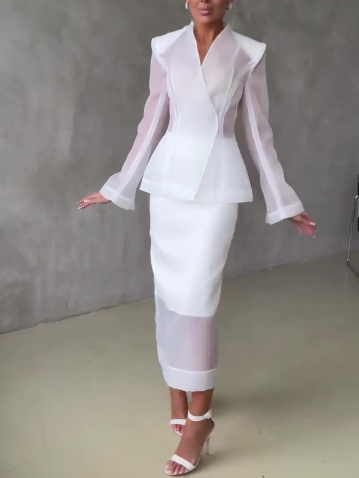 White Organza Tailored Blazer & Sheer Midi Skirt 2-Piece Set