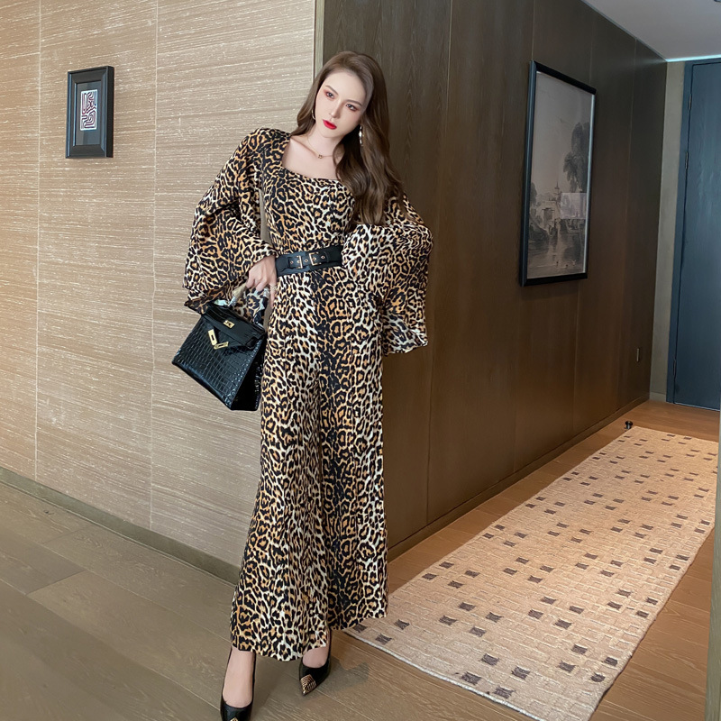 Women's Leopard Print Long Sleeve Chiffon Jumpsuit Pants