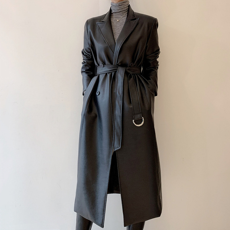 Double Breasted PU Leather Trench Coat With Suit Collar Black - Shop at LoveMi