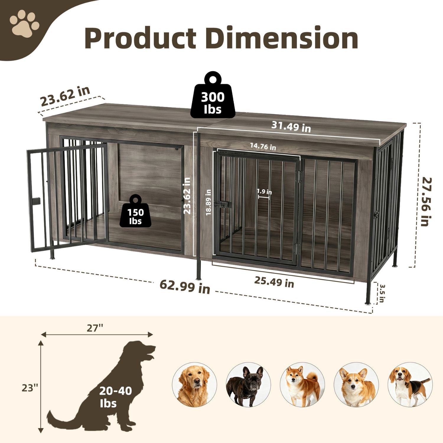 Double Dog Crate Furniture With Divider, Heavy Duty Pet Kennel End Table TV Stand, Extra Large Double Door 3