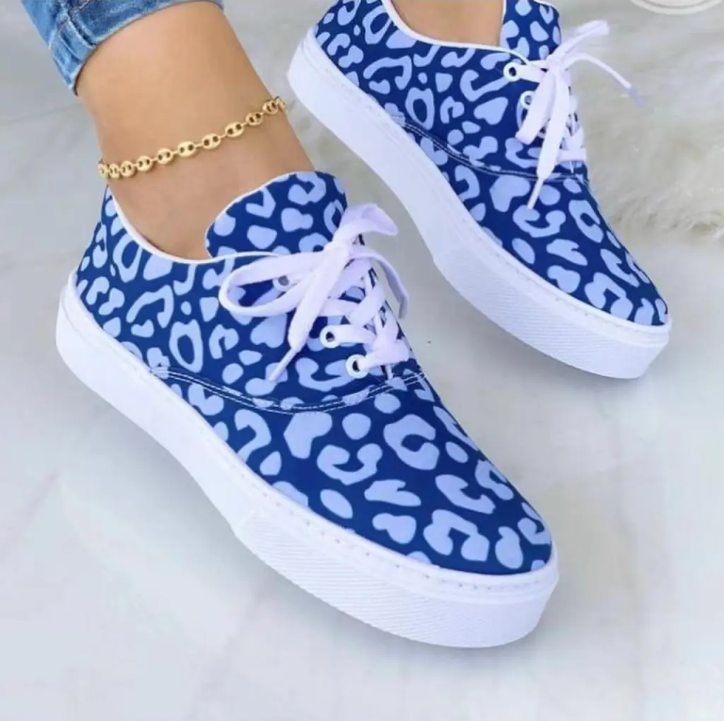 Lace-up Flats Shoes Print Canvas Fashion Walking Sneakers Women - Blue