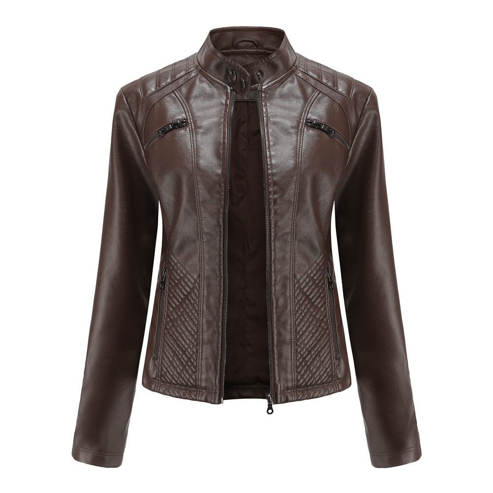 Ladies Casual Leather Jacket With Stand Up Collar