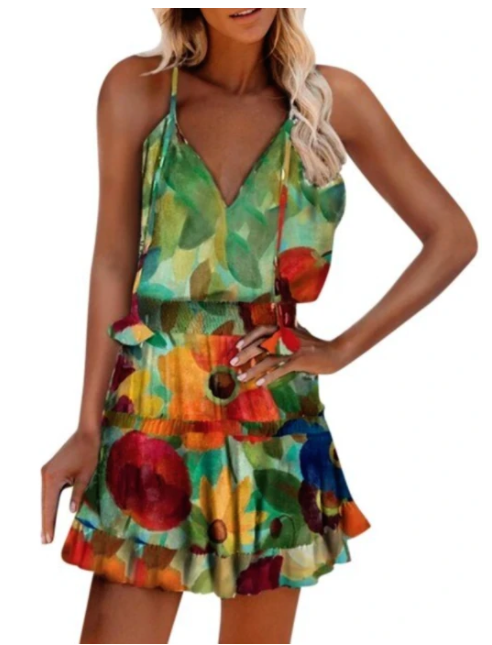 Color Diamond Check Leopard Print Strap Dress