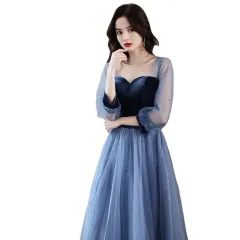 Velvet Long Birthday Party Dress For Women - Light Blue - View 1