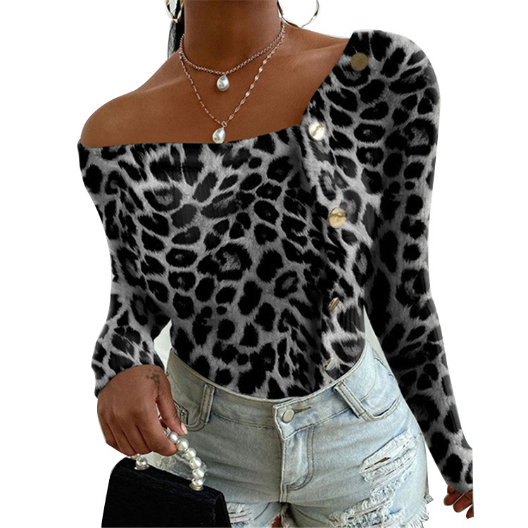 Title 5, Fashion Leopard Print Off Shoulder Long Sleeve Top