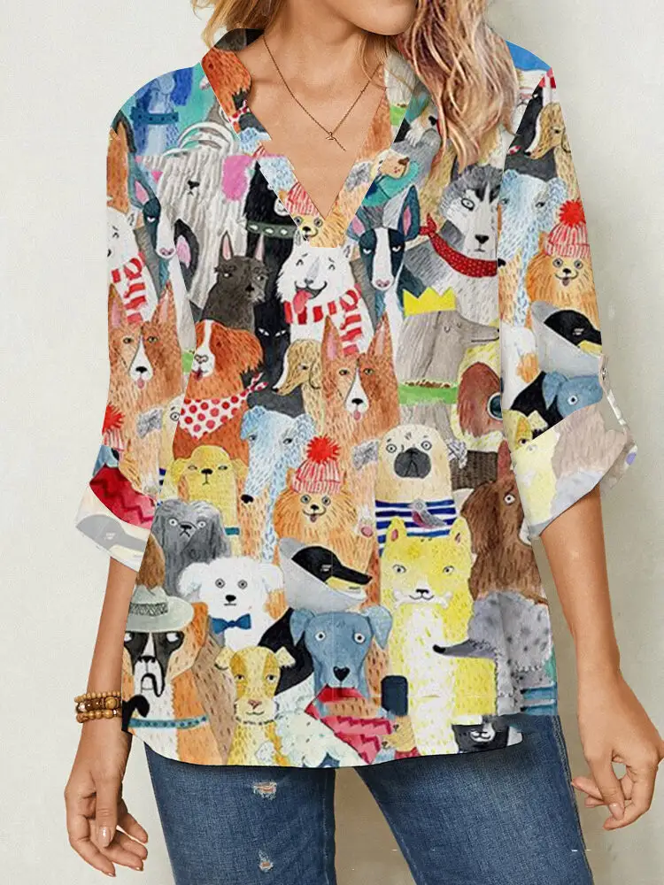 Long-sleeved V-neck Shirt With Cartoon Animal Print For Women