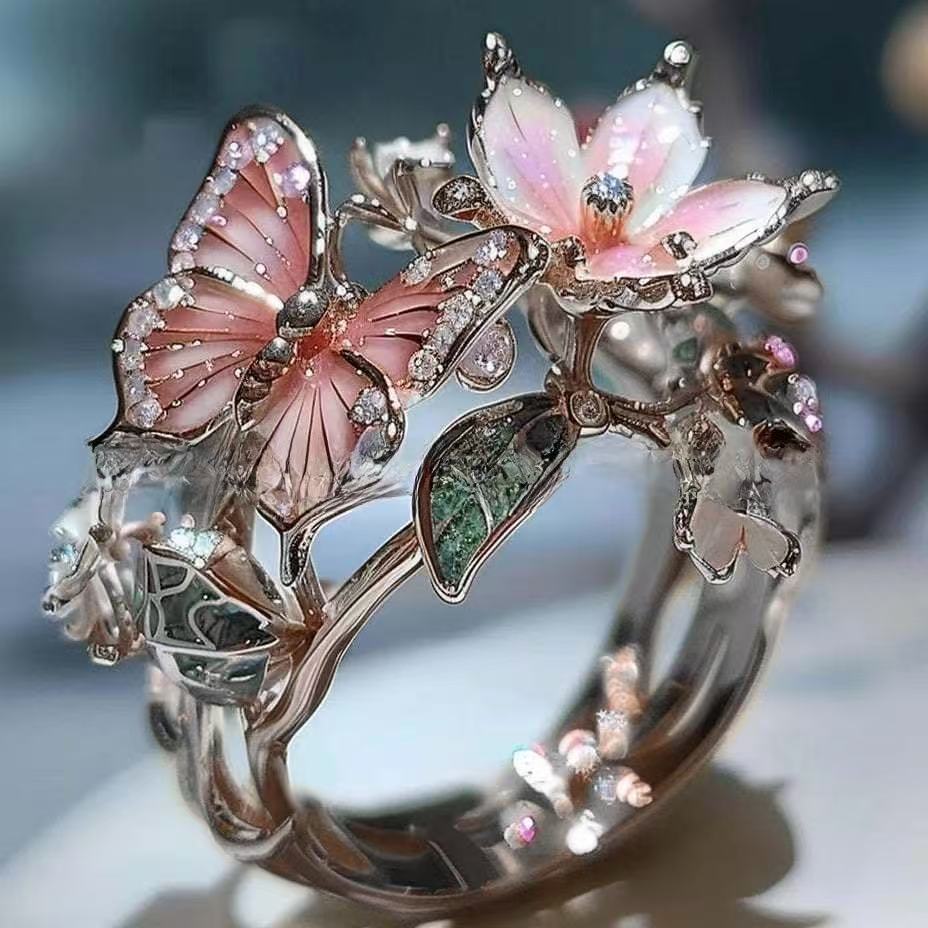 New Colorful Enamel Butterfly & Flower Open Ring, Fashion Jewelry thumbnail 3