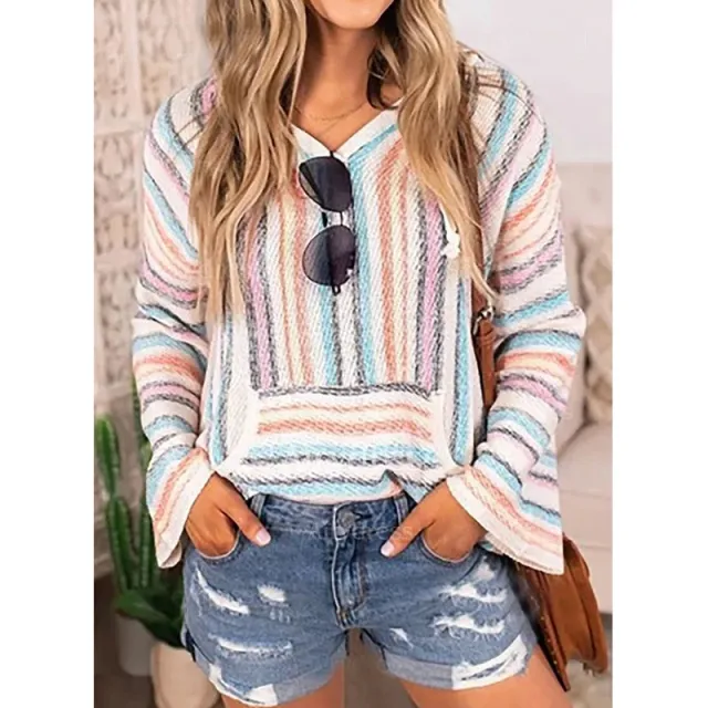 Hooded Rainbow Stripe Pullover Loose Sweatshirt Colorful - Shop at LoveMi