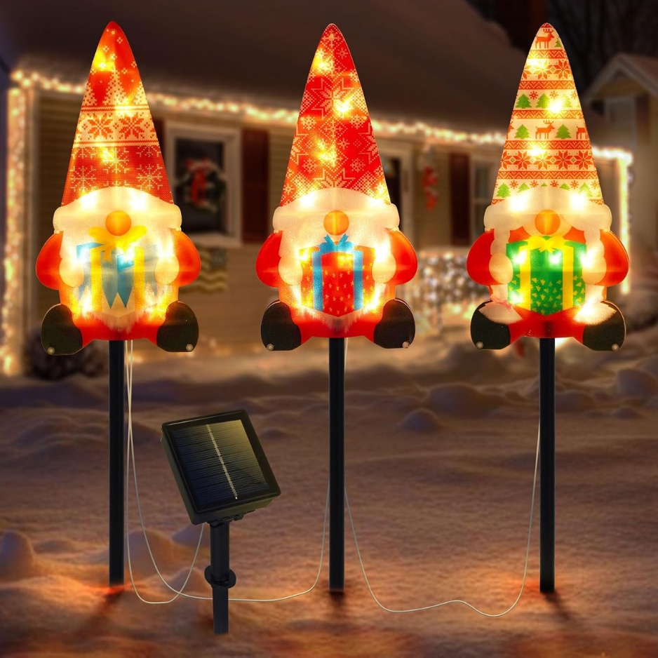 Set Of 3 Solar Christmas Decorations, 8 Modes Solar Pathway Stakes Lights, Outdoor Christmas Gnome Lights Decor For Garden 3
