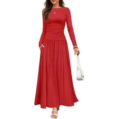 Women's Elegant Ruffle Detail Dress, Solid Colour Round Neck Long Sleeve Knit Dress With Pockets - Red - View 1