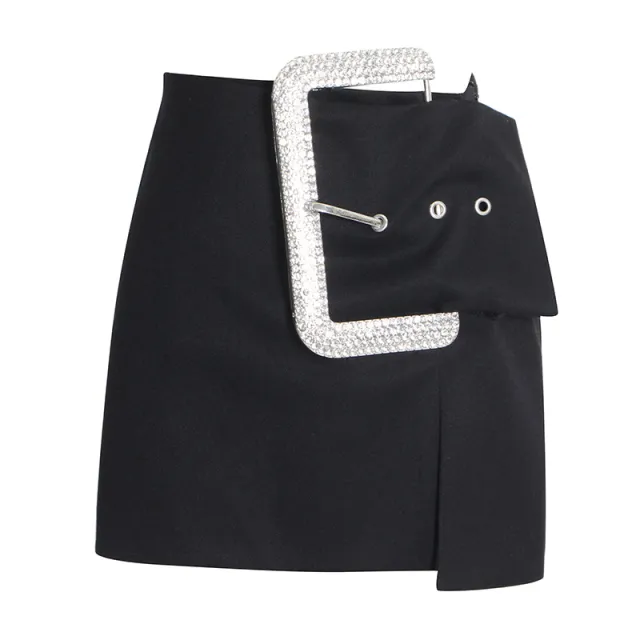 Belt Slit Mini Skirt With Big Diamond Buckle Black - Shop at LoveMi