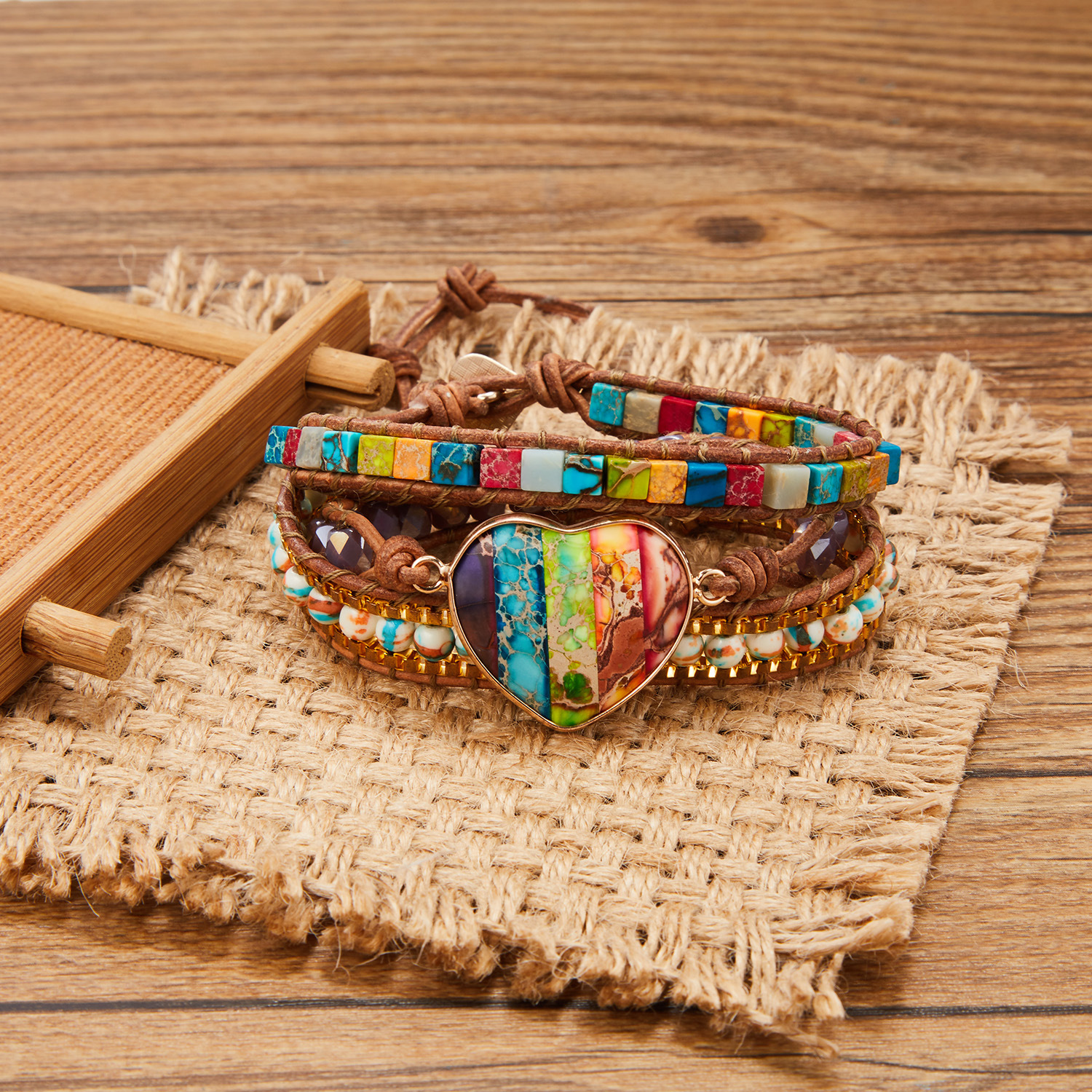 Ethnic Style Love Leather Seven Chakra Natural Stone Crystal Winding Bracelet