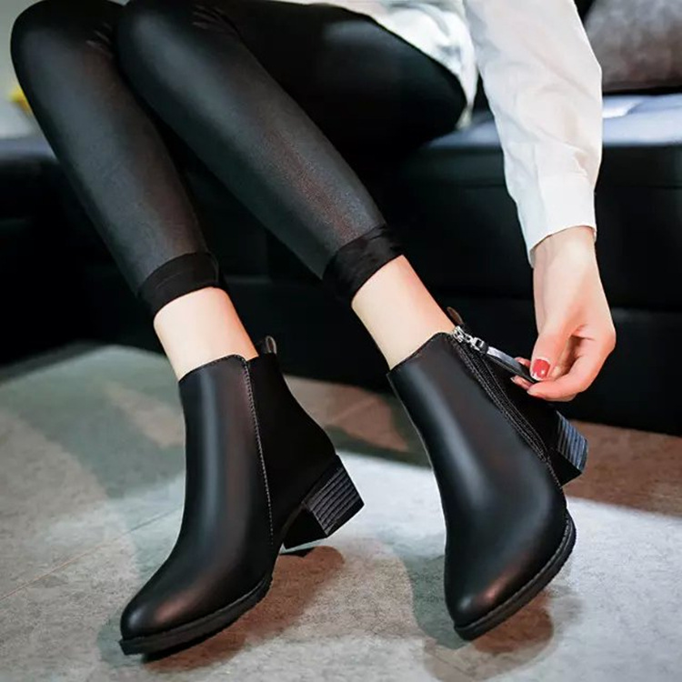 Title 2, Side zipper pointed toe block heel short boots