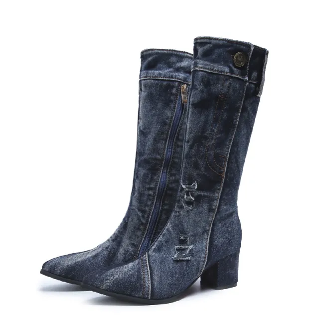 Pointed Toe Thick Heel Denim High Boots For Women Blue - Shop at LoveMi