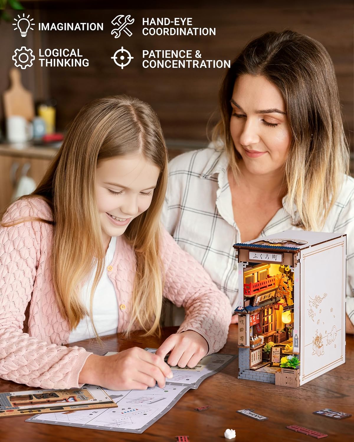 Rolife Cherry Blossom Sake Street Book Corner Set - 3D Wooden Miniature Model, Wooden 3D Puzzle Book Stand Toy With LED Lights, DIY Bookshelf Ornament, Home Decor, Gift For Adults And Teenagers