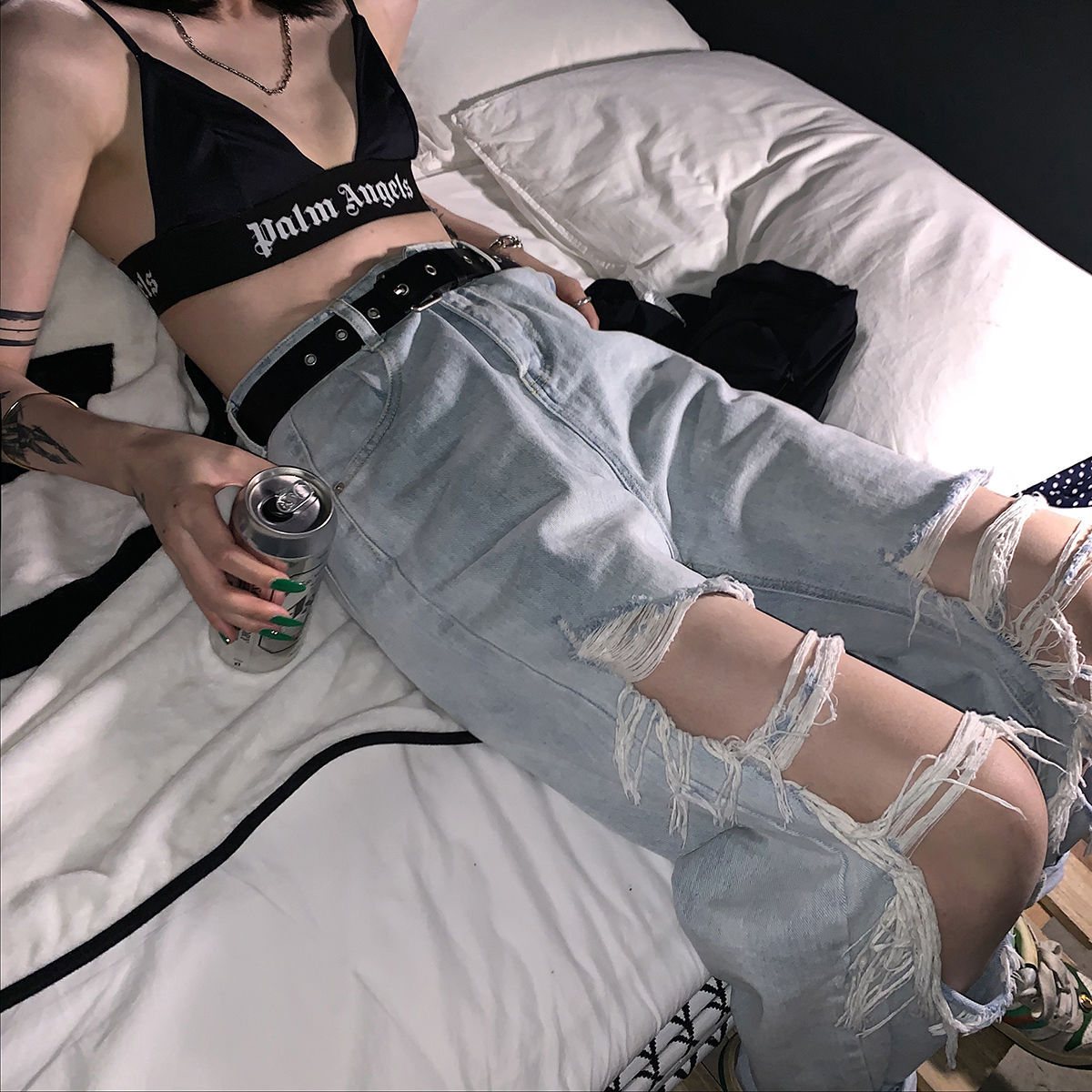 Women's Ripped Wide Leg Jeans Straight High Waist