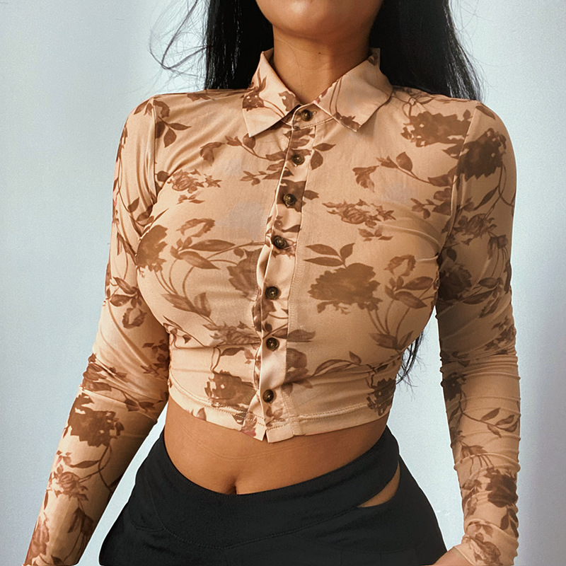 Title 5, Printed Sexy See-through Long-sleeved Top Shirt