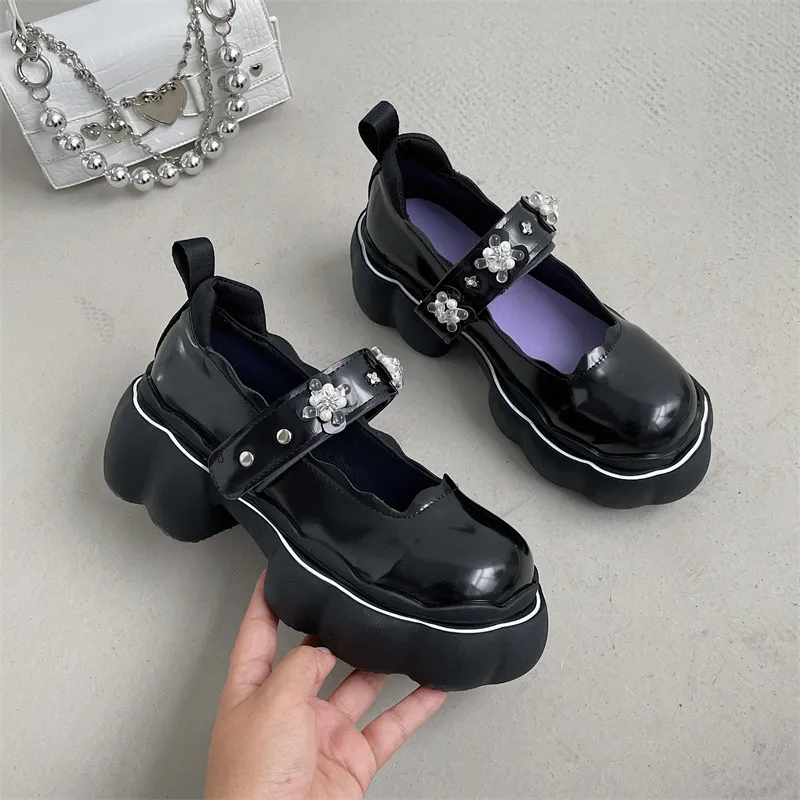 Pearl Thick Heel Thick Sole Flat Leather Shoes For Women - Black
