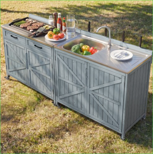 K&K Outdoor Kitchen Island Series - 2 Piece Modular Solid Wood Set, 304 Sink Stainless Steel Station W Faucet, Drawer, 2 Door Shelves, Outdoor Storage Cabinet W  Wheels For Backyard, Patio, Grey Blue