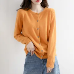 Round Neck Knitted Cardigan Women Loose Solid Colour Jacket - Ginger-L - View 1