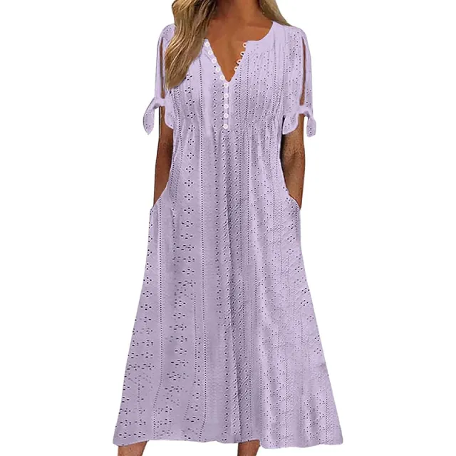 Women's Eyelet V Neck Maxi Dress Short Sleeve Flowy A Line Summer Beach Dress - Shop at LoveMi