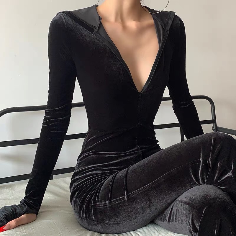 Women’s Slim Fitting Velvet Hooded Jumpsuit