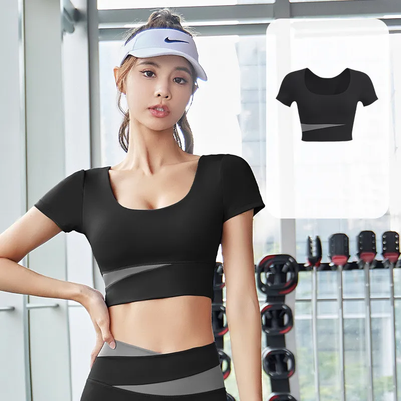 Women's Patchwork Contrast Sports Fitness Bra Leggings Set - Black Short Sleeve