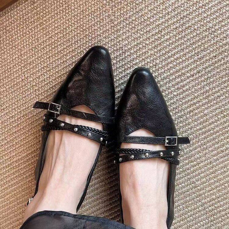 Women Retro Punk Rivet Studded Double Strap Slingback Flats, Pointed Toe Wrinkled Distressed Leather Cutout Metal Buckle Backless Slip On Casual Daily Mule Sandals — view 3
