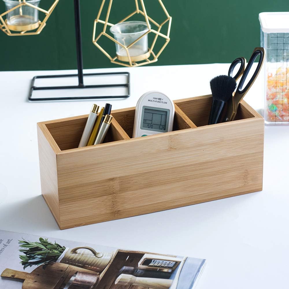 Bamboo Desk Organizer With 3 Compartments, Wooden Pen And Pencil Holder For Remote Controls, Makeup Brushes, Silverware And Office Supplies 2