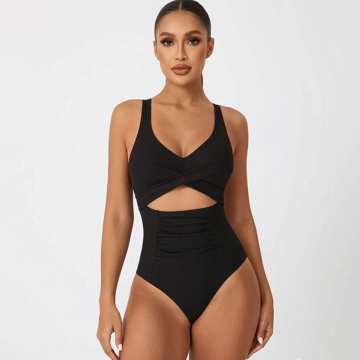 Women Ribbed Cutout One Piece Swimsuit, Tummy