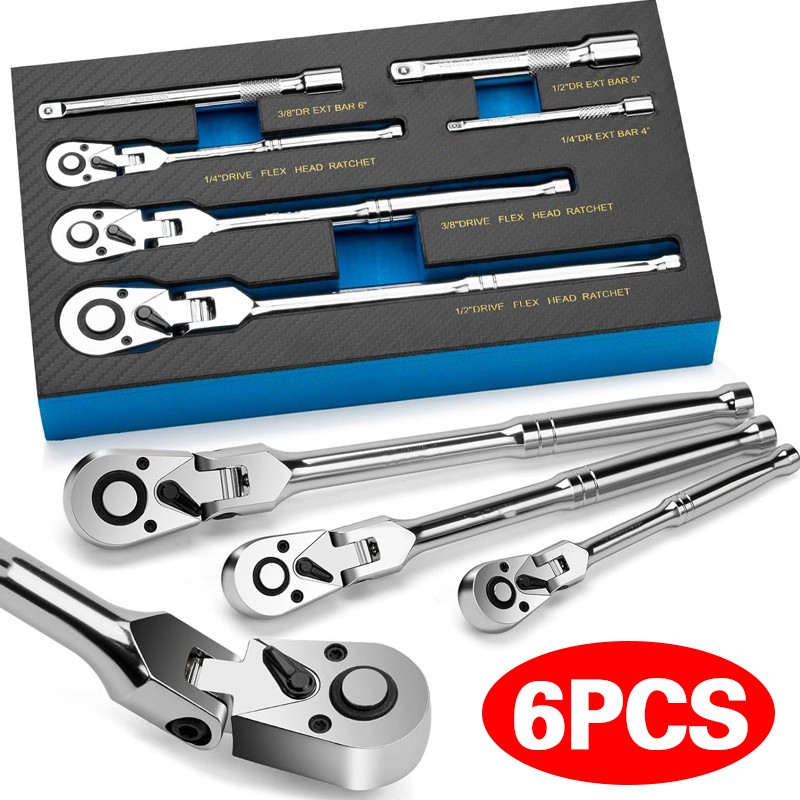 6 Pcs Set 1 4 3 8  1 2  Flex Head Ratchet 72 Tooth 180  Adjustable Drive Swivel