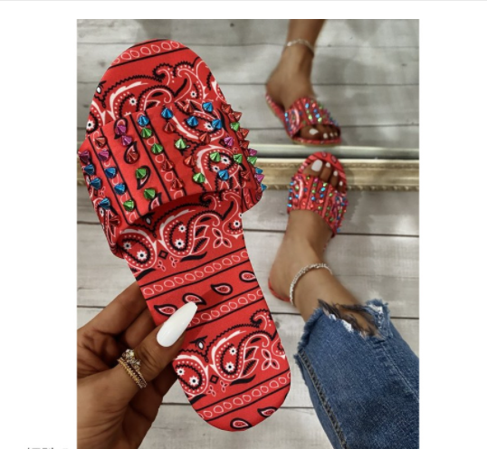 European And American New Style Printed Toe Flat Rivet Casual Sandals And Slippers Red - Shop at LoveMi