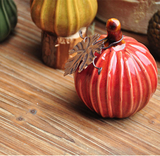 Pumpkin scene ceramic rustic painted ornament (yellow)