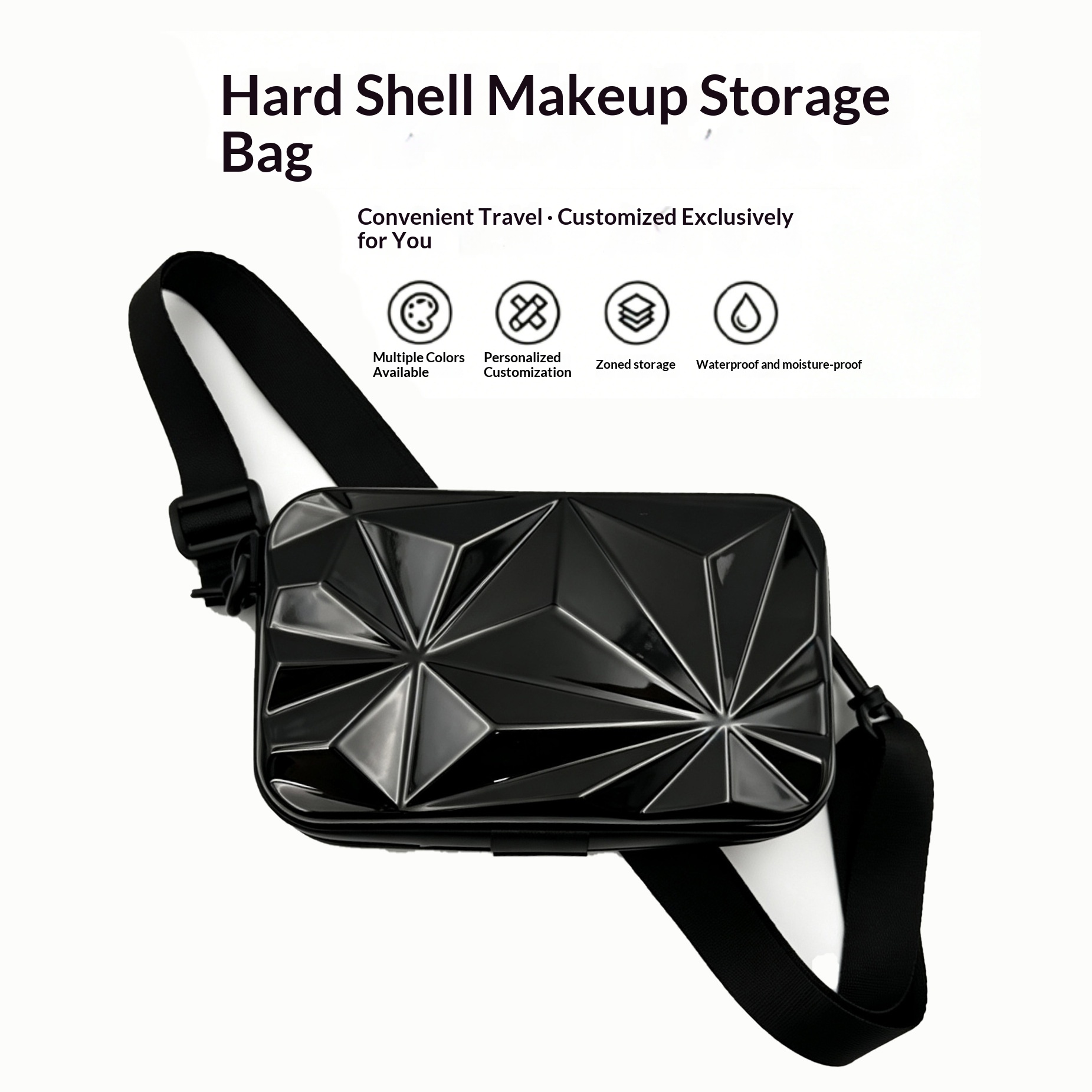 Trousse de maquillage rigide transparente à bandoulière · noire, 7 pouces