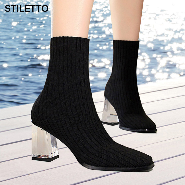 Transparent Heel With Crystal Heel Wool Booties