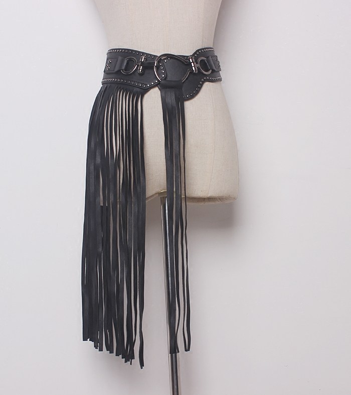 Punk Style Long Fringed Skirt Women's Studded Elastic Black Belt