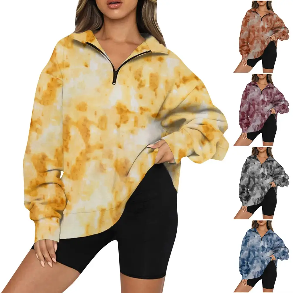Tie Dye Printed Zippered Lapels Sweatshirt Womens Clothing Long
