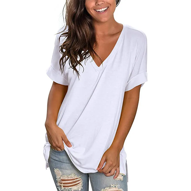 V-neck Solid Color Short-sleeved Top Loose Women's T-shirt - White