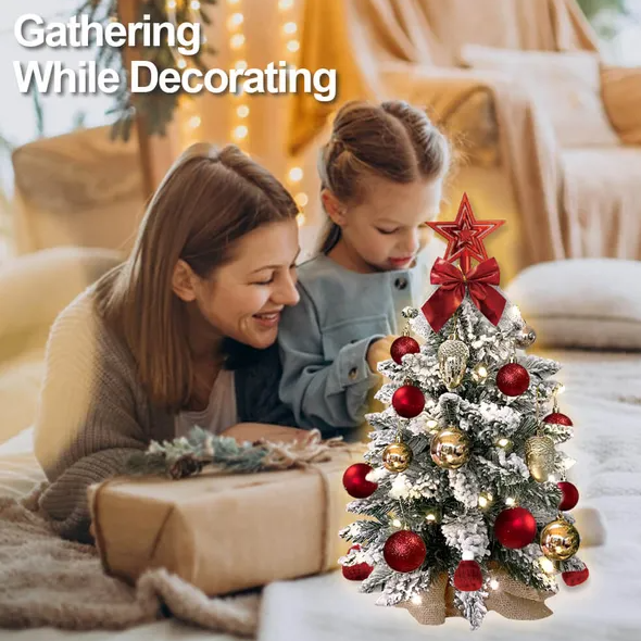 22in Tabletop Christmas Tree With Light Artificial Small Mini Red Christmas Decoration With Flocked Snow, Exquisite Decor & Xmas Ornaments For Table Top For Home & Office, Red - Image 7