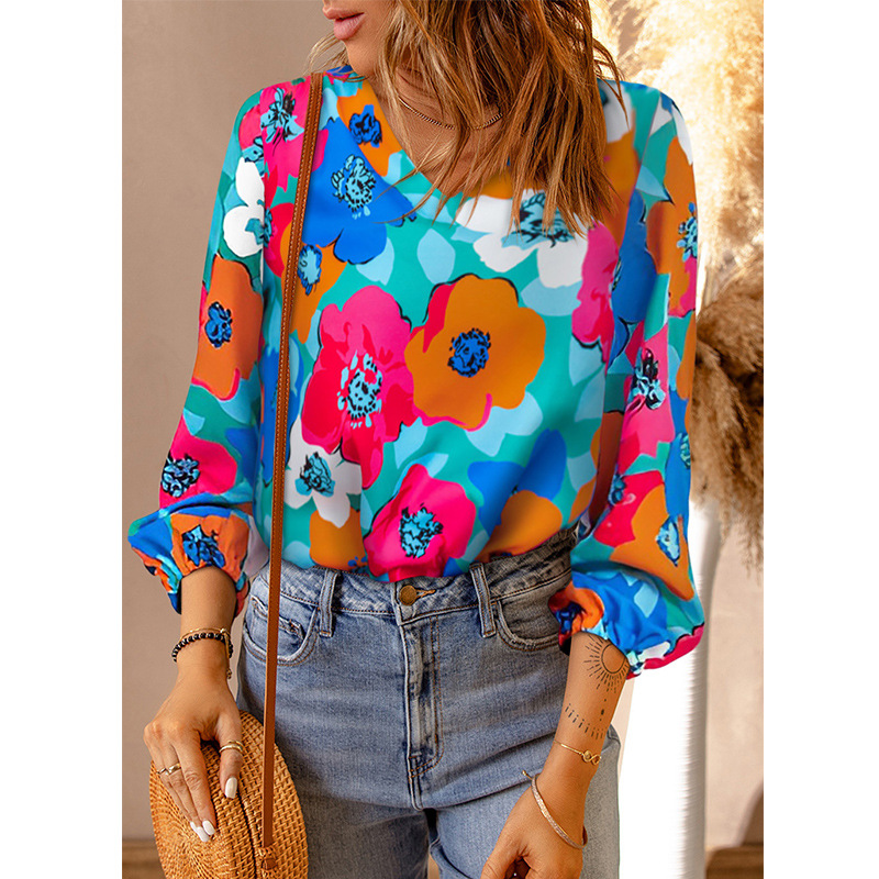 Women's V-neck Long-sleeved T-shirt Printed Top
